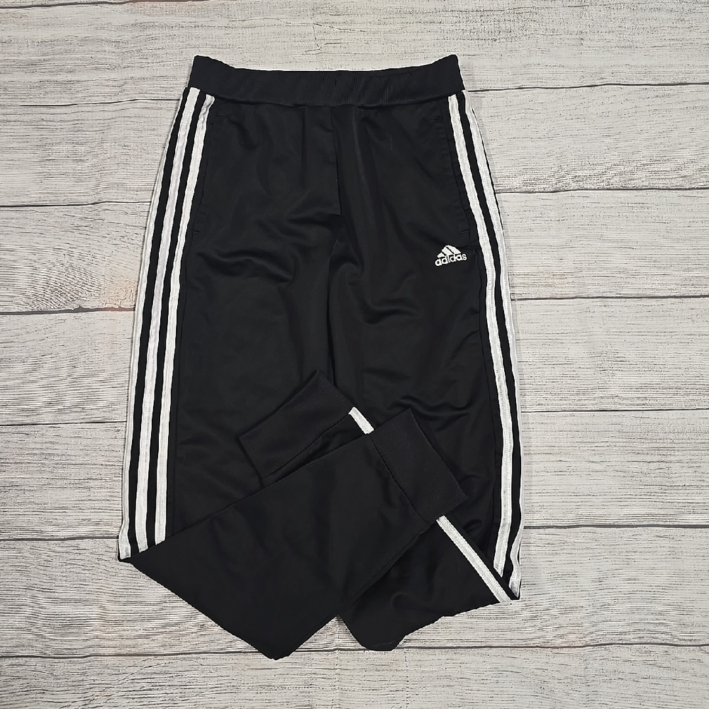 Adidas Black and White Sweatpants with Iconic Stripes Size 14